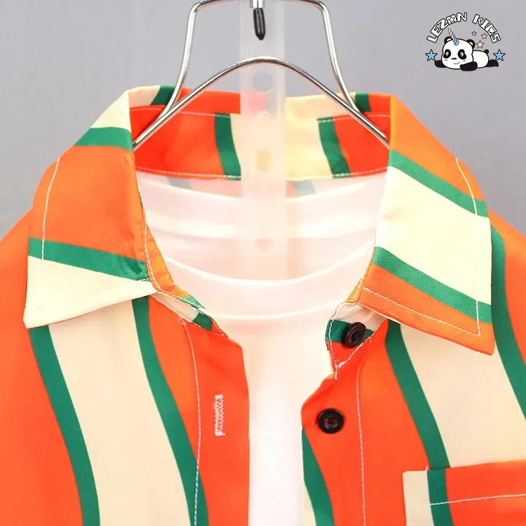 LEZONKIDS - Child Clothes Irregular Stripe Shirt Short Set Casual Cotton Satin Factory OEM ODM Kids Clothing Boy Sets